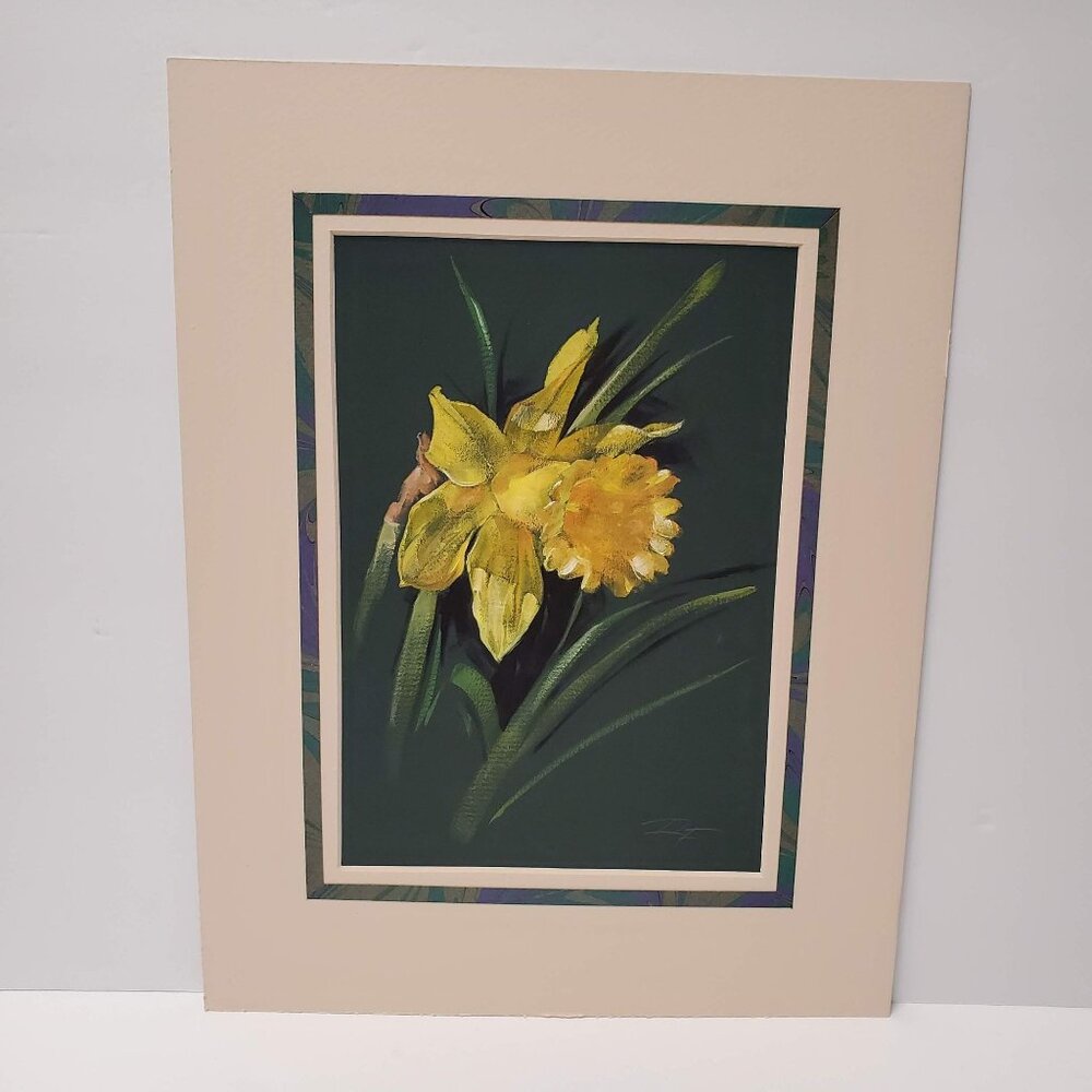 Original Artwork, Pastel Painting of Daffodil Flower on Black, Matted Signed RF